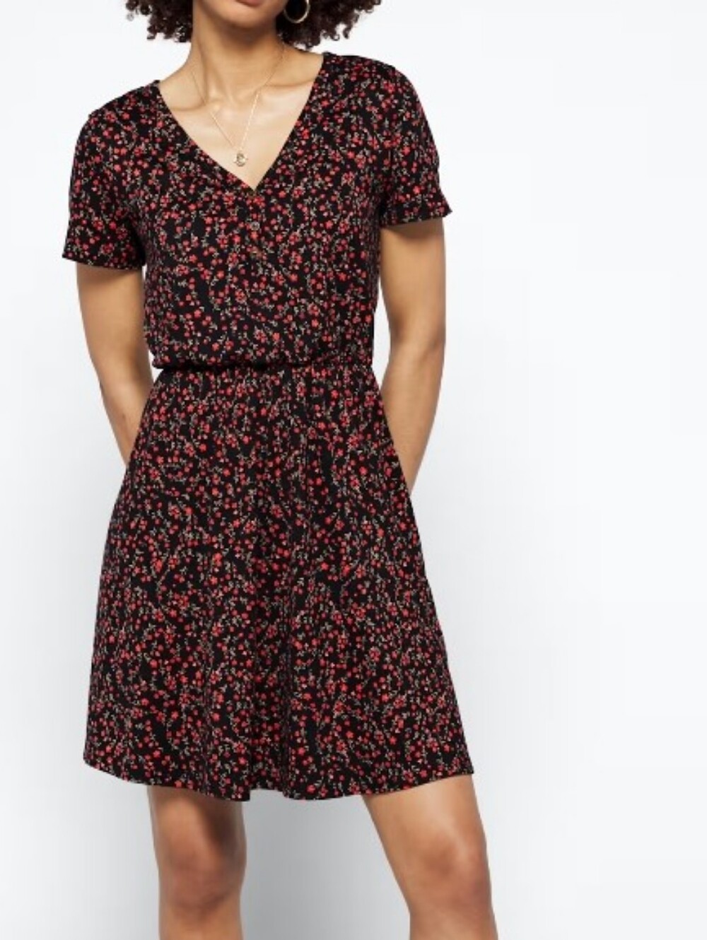 French Grey Black Floral V-Neck Short Sleeve Dress, Size L
